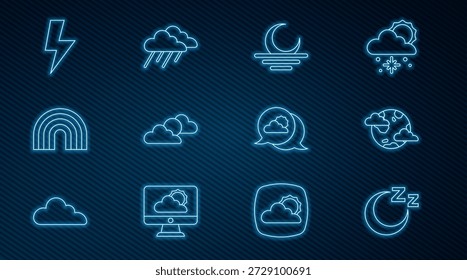 Set line Time to sleep, Earth planet with clouds, Sunset, and weather, Rainbow, Lightning bolt, Location and Cloud rain icon. Vector