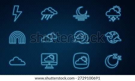 Set line Time to sleep, Earth planet with clouds, Sunset, and weather, Rainbow, Lightning bolt, Location and Cloud rain icon. Vector