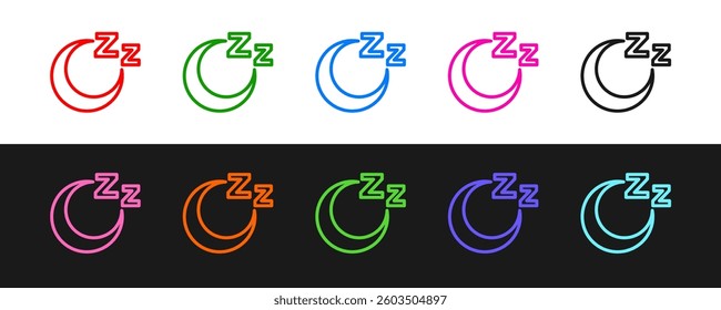 Set line Time to sleep icon isolated on black and white background. Sleepy zzz. Healthy lifestyle.  Vector