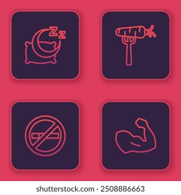 Set line Time to sleep, No Smoking, Carrot on fork and Bodybuilder muscle. Blue square button. Vector