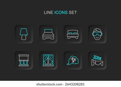 Ajuste o tempo da linha para dormir, sonolento, janela com cortinas, máscara de olho, cama grande e ícone de lâmpada de mesa. Vetor