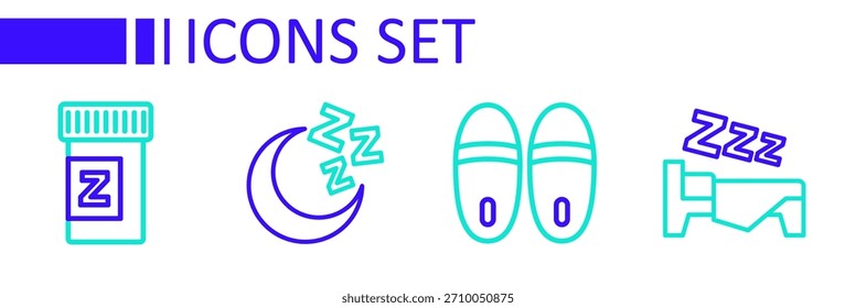 Hora de dormir, zapatillas, la luna y las estrellas y el icono de la píldora para dormir. Vector