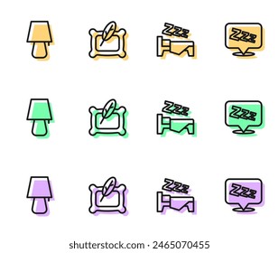 Set line Time to sleep, Table lamp, Pillow and Sleepy icon. Vector