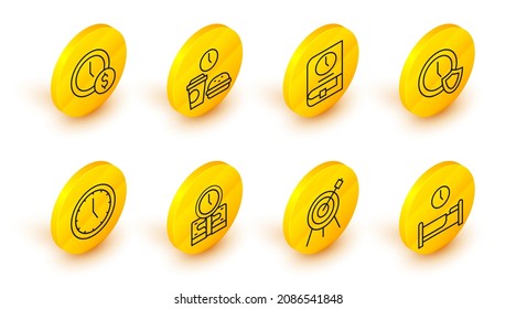 Fijar la línea Tiempo para dormir, El deporte objetivo, es dinero, Reloj, con escudo, para libro, Tiempo de comida rápida e ícono. Vector