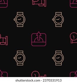 Set line Time to sleep, Wrist watch and Sunrise on seamless pattern. Vector