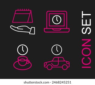 Set line Time to travel, Coffee time, Laptop and Calendar icon. Vector