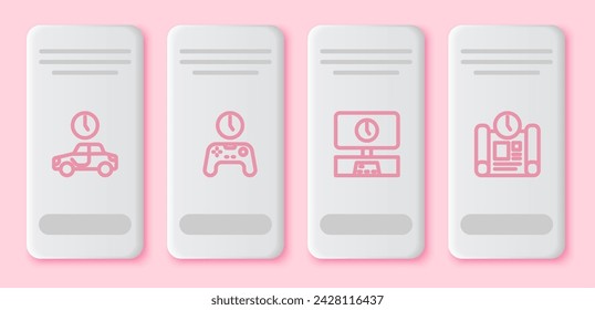 Set line Time to travel, Gamepad of time, Smart Tv and Project plan. White rectangle button. Vector