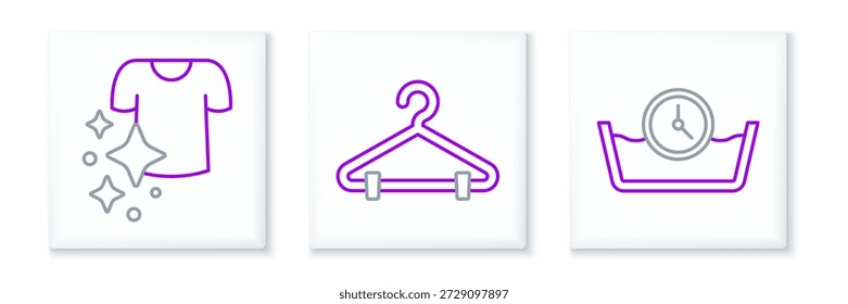 Definir linha Lavagem de tempo, roupas de secagem e Hanger ícone do guarda-roupa. Vetor