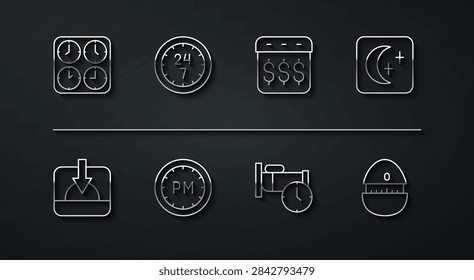 Set line Time zone clocks, Sunset, Moon and stars, to sleep, Day time, Clock 24 hours, Kitchen timer and Payday, calendar with dollar icon. Vector