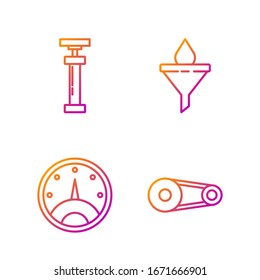 Set line Timing belt kit, Speedometer, Car air pump and Funnel or filter and motor oil drop. Gradient color icons. Vector