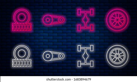 Set line Timing belt kit, Chassis car, Car wheel and Car wheel. Glowing neon icon on brick wall. Vector