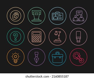 Set line Timing belt kit, USB flash drive, Identification badge, Calculator, Speech bubbles with Question, Ear listen sound signal, Table lamp and Stage stand icon. Vector