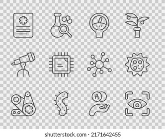 Set line Timing belt kit, Eye scan, Gauge scale, Virus, Patient record, Processor CPU, Atom and  icon. Vector