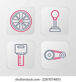 Set line Timing belt kit, Car key with remote, Gear shifter and Alloy wheel icon. Vector