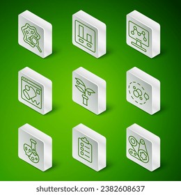 Set line Timing belt kit, To do list or planning, Microorganisms under magnifier, Plant breeding, Data visualisation, Graph chart infographic, Test tube with toxic liquid and Atom icon. Vector