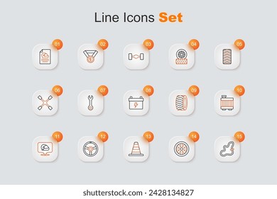 Set line Timing belt kit, Stopwatch, Traffic cone, Racing steering wheel, helmet, Car radiator cooling system, tire and battery icon. Vector