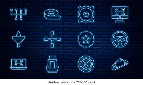 Set line Timing belt kit, Steering wheel, Car audio speaker, Wheel wrench, Funnel and oil drop, Gear shifter,  and Scotch tape icon. Vector