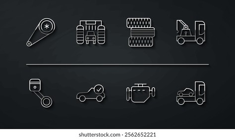 Set line Timing belt kit, Engine piston, Tow truck, Check engine, Auto service check automotive, Car wash, transporter and tire wheel icon. Vector