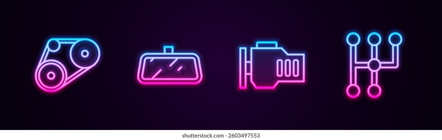 Set line Timing belt kit, Car mirror, Check engine and Gear shifter. Glowing neon icon. Vector