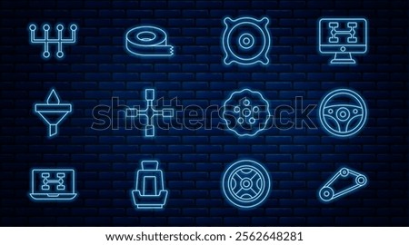 Set line Timing belt kit, Steering wheel, Car audio speaker, Wheel wrench, Funnel and oil drop, Gear shifter,  and Scotch tape icon. Vector