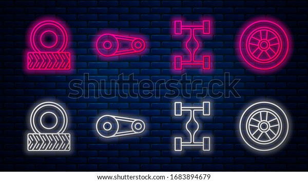 Set line Timing belt kit,\
Chassis car, Car wheel and Car wheel. Glowing neon icon on brick\
wall. Vector