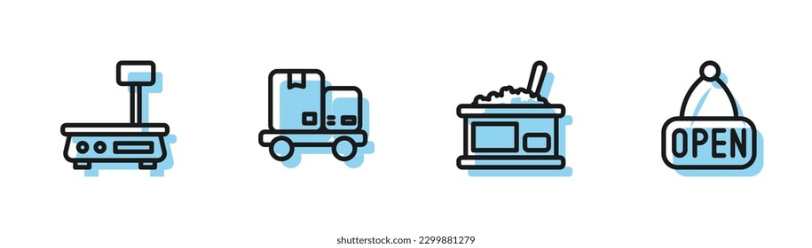 Set line Tin can with caviar, Electronic scales, Hand truck and boxes and Hanging sign Open icon. Vector