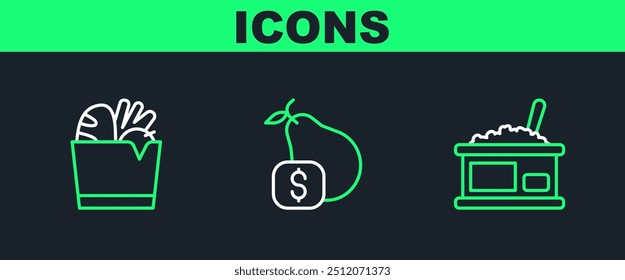 Set line Tin can with caviar, Shopping bag and food and Price tag for pear icon. Vector