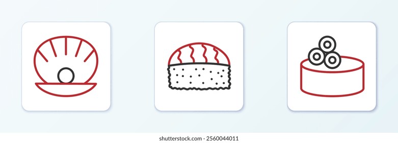 Set line Tin can with caviar, Shell pearl and Sushi icon. Vector