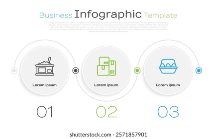 Set line Tin can with caviar, Cash register machine and Chicken egg box. Business infographic template. Vector