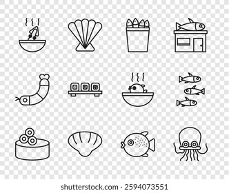 Set line Tin can with caviar, Octopus, Fishing bucket fishes, Scallop sea shell, Soup octopus, Sushi on cutting board, Puffer and Fishes icon. Vector