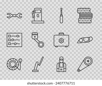 Set line Tire pressure gauge, Timing belt kit, Screwdriver, Windscreen wiper, Wrench spanner, Engine piston, Car mechanic and headlight icon. Vector