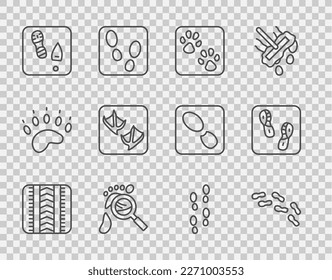 Set line Tire track, Human footprints shoes, Paw, Magnifying glass with footsteps, Seagull paw,  and  icon. Vector