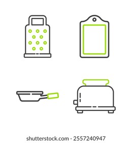 Set line Toaster, Frying pan, Cutting board and Grater icon. Vector