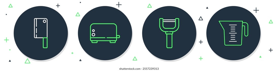 Set line Toaster, Peeler, Meat chopper and Measuring cup icon. Vector