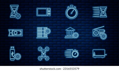 Set line Toaster, Radio setting, Stopwatch, Server, Fast payments, Hourglass, Bank building and Microwave oven icon. Vector