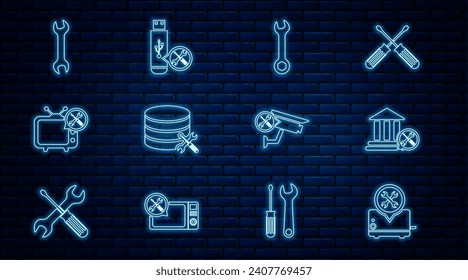 Set line Toaster service, Bank building, Wrench, Database server, Tv, Security camera and USB flash drive icon. Vector