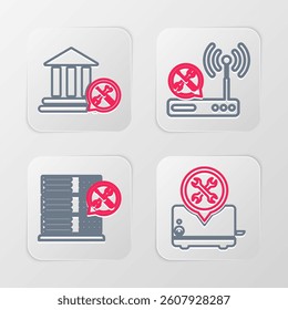 Set line Toaster service, Database server, Router wi-fi and Bank building icon. Vector