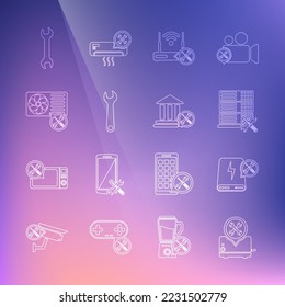 Set line Toaster service, Power bank, Database server, Router wi-fi with, Wrench, Air conditioner,  and Bank building icon. Vector