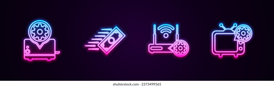 Set line Toaster setting, Fast payments, Router and wi-fi and Tv. Glowing neon icon. Vector