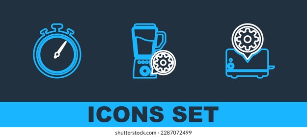 Set line Toaster setting, Stopwatch and Blender with bowl icon. Vector