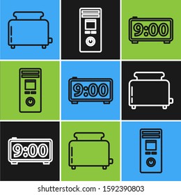 Set line Toaster with toasts , Digital alarm clock  and Remote control icon. Vector