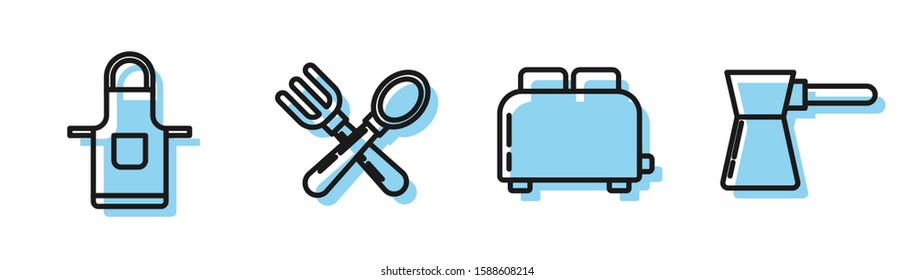 Set line Toaster with toasts , Kitchen apron , Crossed fork and spoon  and Coffee turk  icon. Vector