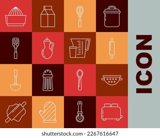 Set line Toaster with toasts, Kitchen colander, Rolling pin, whisk, Bottle of olive oil, Spatula, Citrus fruit juicer and Measuring cup icon. Vector