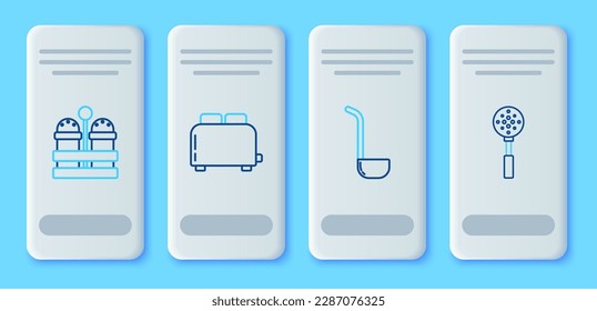 Set line Toaster with toasts, Kitchen ladle, Salt and pepper and Spatula icon. Vector