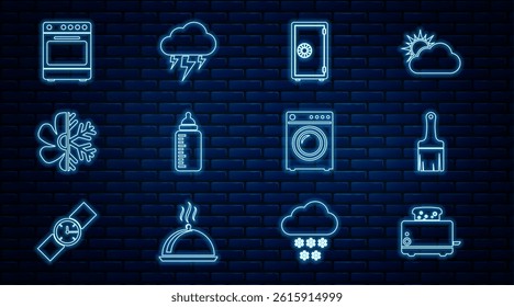 Set line Toaster with toasts, Paint brush, Safe, Baby bottle, Air conditioner, Oven, Washer and Storm icon. Vector