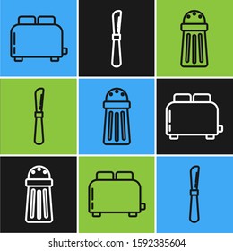 Set line Toaster with toasts , Salt  and Knife  icon. Vector