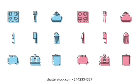 Set line Toaster with toasts, Salt and pepper, Gas stove, Cooking pot, Meat chopper, Knife and Fork icon. Vector