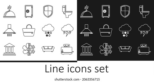 Set line Toaster with toasts, Storm, Shield, Handbag, Kitchen extractor fan, Covered tray of food, Cloud snow rain and Safe icon. Vector