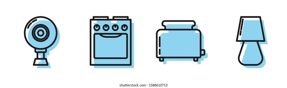 Set line Toaster with toasts , Web camera , Oven  and Table lamp  icon. Vector