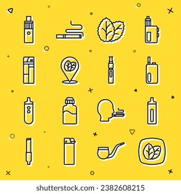 Set line Tobacco leaf, Electronic cigarette, Lighter, Vape mod device and  icon. Vector